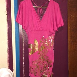 Hot Pink Party Dress w/ Gold Detailing